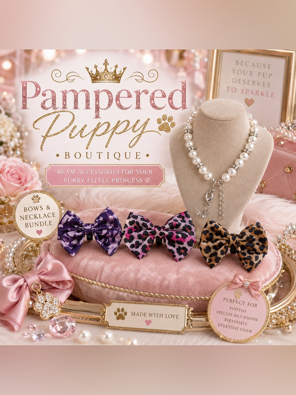 Small Pet Accessory Bundle-Pearl Rhinestone Dog Necklace, 3 animal print bows